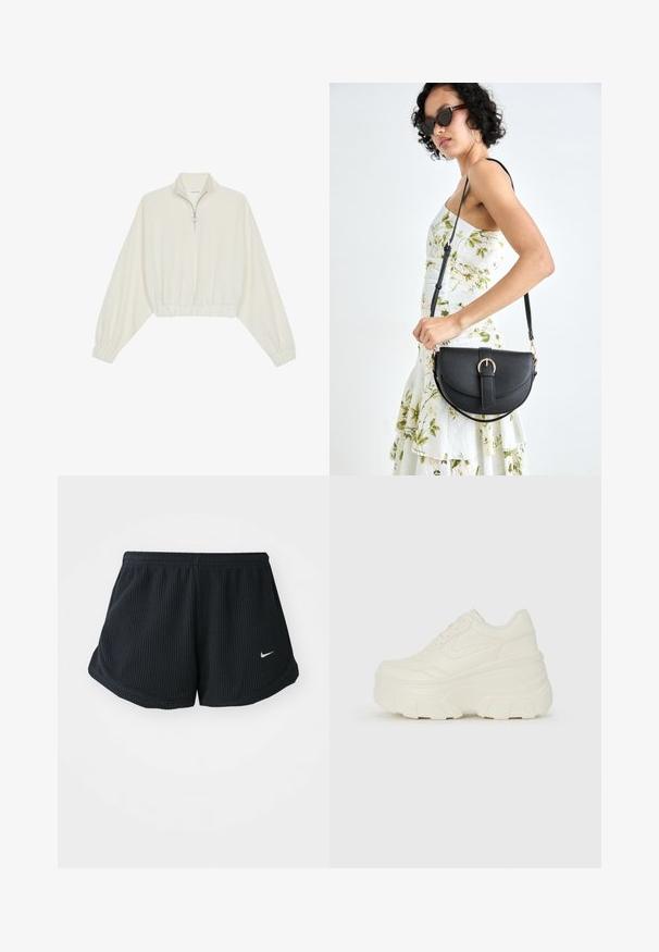 Pullover curto em tecido creme, apresentando um colarinho alto, fecho de meio zíper, bainha e punhos elásticos, com uma textura suave e design minimalista.; Calções de treino pretos com textura canelada, cintura elástica, bainhas curvadas e um pequeno logótipo branco da Nike no lado inferior.; Tênis brancos de plataforma com um cabedal suave semelhante a couro, formato arredondado, colarinho acolchoado e sola de borracha texturizada com ranhuras bem definidas.; Bolsa de couro preta com forma curva, alça destacável e detalhes em dourado. A bolsa possui uma aba com detalhe de fivela.