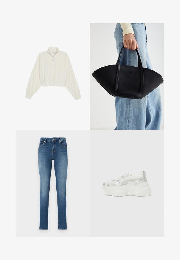 Pullover curto em tecido creme, apresentando um colarinho alto, fecho de meio zíper, bainha e punhos elásticos, com uma textura suave e design minimalista.; Jeans justos de ganga em um tom azul médio com desbotamento discreto. Apresenta cinco bolsos e um fecho de botão em metal.; Sapatilha prateada com um cabedal em malha texturizada e detalhes iridescentes, apresentando uma sola branca robusta e fecho de atacador.; Bolsa de mão em couro preto com uma forma única em leque, apresentando alças planas. A superfície tem uma textura pebble e um design minimalista.