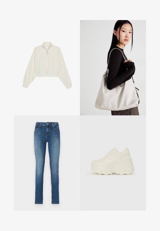 Kreemfarbenest lühikese varrukaga kudum, millel on kõrge kaelus, pool tõmblukk, elastne allosa ja varrukad, sile tekstuur ja minimaalne disain.; Kitsas teksad, mis on valmistatud keskmise sinise pesu denimist ja millel on peen tuhmumine. Omavad viit taskut ja metallist nööbiga kinnitust.; Valged platvormi tõusukingad, millel on siledast nahast meenutav pealis, ümar kuju, pehmendatud kaelus ja tekstureeritud kummitald koos selgete hüdrofoobsete mustritega.; Bež käekott pehme materjali, millel on lõtv disain, õmblustega detailid ja kaks õlarihma. Sobib igapäevaseks kasutamiseks.