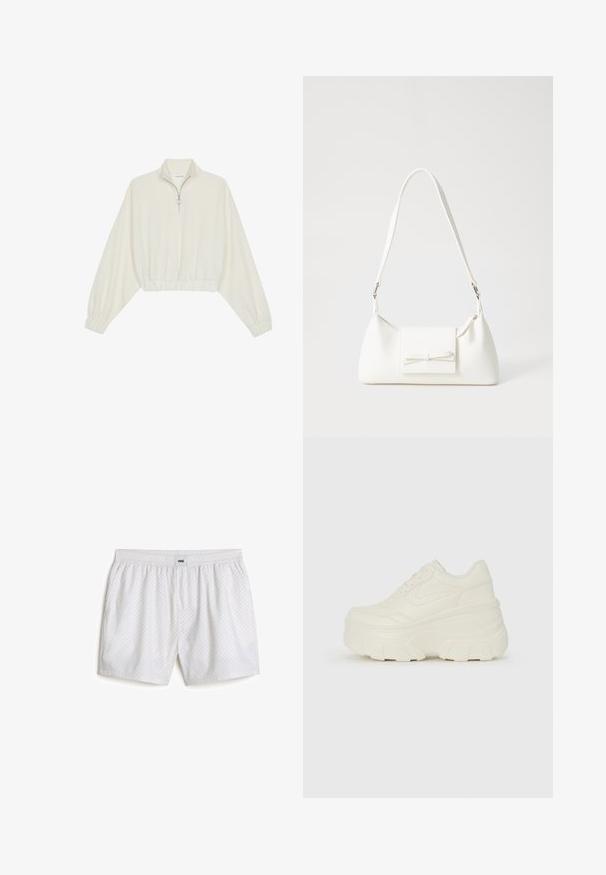 Lyhyt kerrosvaate vaaleasta kankaasta, jossa on korkea kaulus, puolivetoketjukiinnitys, joustavat helma ja hihansuut, tasainen pinta ja minimalistinen muotoilu.; Valkoiset ruudulliset uimapuvut elastisella vyötäröllä ja logotarralla. Valmistettu kevyestä kankaasta, jossa on sileä rakenne ja rento istuvuus.; Valkoiset tasapohjakengät, joissa on sileä nahkamainen päällinen, pyöristetty muoto, pehmustettu nilkkaosa ja texturoitu kumipohja, jossa on hyvin määritellyt urat.; Valkoinen synteettinen käsilaukku, jossa on kolmikulmainen muoto, tasainen etu läppä ja nauhadetail, säädettävä olkahihna, sileä rakenne ja minimalinen muotoilu.