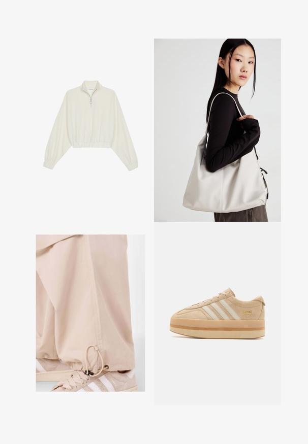 Skórzany pulower w kolorze kremowym, z wysokim kołnierzem, półzamkiem, elastycznym wykończeniem u dołu i mankietami, o gładkiej teksturze i minimalistycznym designie.; Beżowe spodnie wykonane z lekkiego materiału, z sznurkiem u dołu, w połączeniu z beżowymi trampkami z białymi paskami.; Beżowe zamszowe sneakersy na platformie z białymi trzema paskami, okrągłym noskiem i beżową gumową podeszwą z złotym akcentem logotypu z boku.; Beżowa torebka wykonana z miękkiego materiału, charakteryzująca się luźnym fasonem, wyszywanymi detalami i dwoma uchwytami na ramię. Idealna na co dzień.