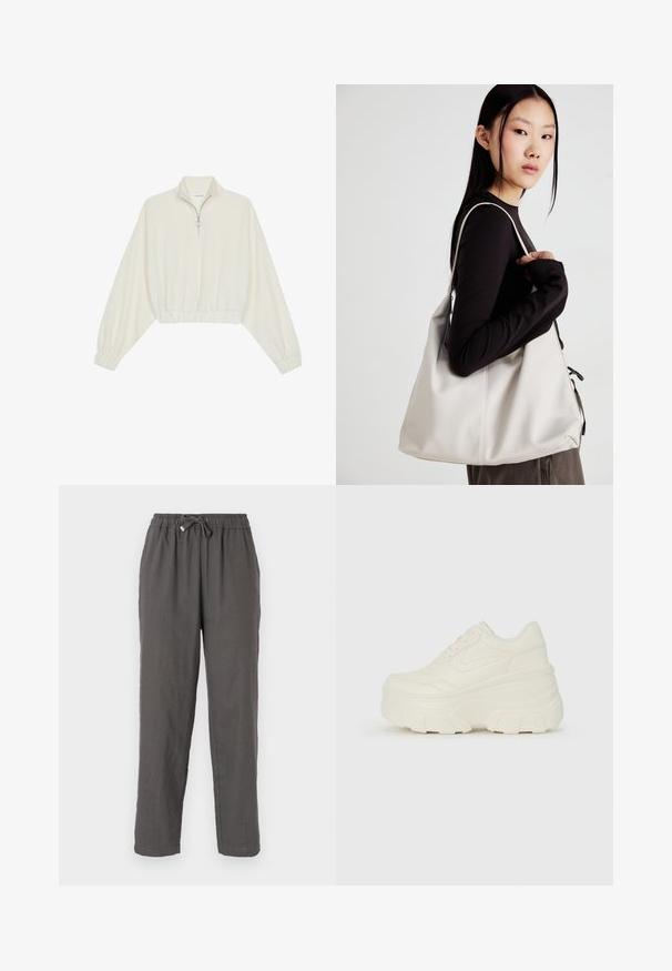 Skraćeni pulover od kremastog materijala, s visokim ovratnikom, zatvaranjem na polovicu munje, elastičnim rubom i manžetama, s glatkom teksturom i minimalnim dizajnom.; Sive hlače od lana s elastičnim pojasom, detaljem na vezanje, ravnim krojem i mekim, teksturiranim materijalom.; Bijele platformske tenisice s glatkim gornjim dijelom koji nalikuje koži, zaobljenim oblikom, podstavljenim okvirom i teksturiranim gumeni potplat s definiranom profilacijom.; Bežna torba od mekog materijala s opuštenim dizajnom, šivanim detaljima i dva remena za rame. Pogodna za svakodnevnu upotrebu.