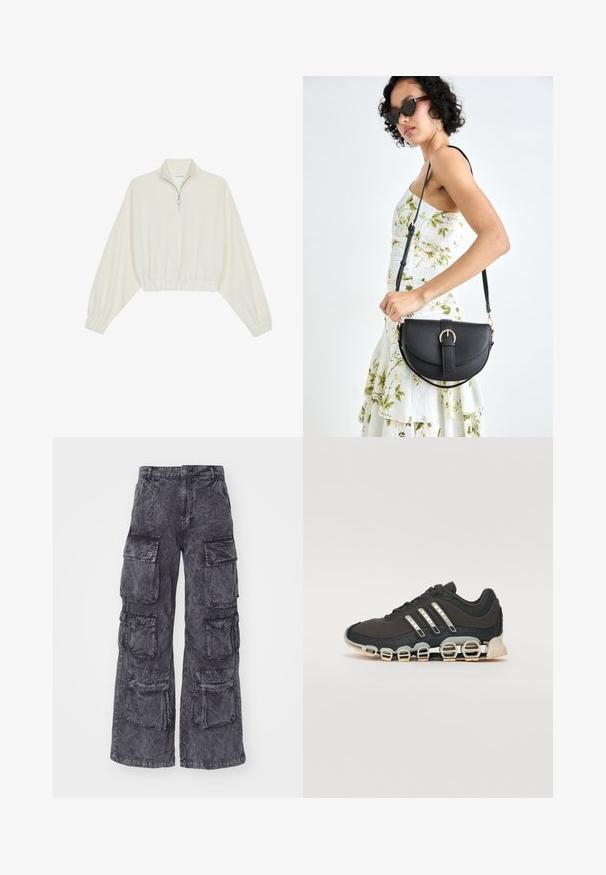 Gerippter Pullover aus cremefarbener Baumwolle mit hohem Kragen, halbem Reißverschluss, elastischen Säumen und Bündchen, glatter Textur und minimalistischem Design.; Alpha Industries MULTIPOCKET PANT - Cargohose - black; Schwarzer Sportschuh mit einer strukturierten Oberseite, drei silbernen Streifen und einer markanten Dämpfungssohle mit mehreren integrierten Sektionen.; Schwarze Lederhandtasche mit geschwungener Form, abnehmbarem Tragegurt und goldenen Beschlägen. Die Tasche verfügt über einen Deckel mit einer Schnallen-Details.