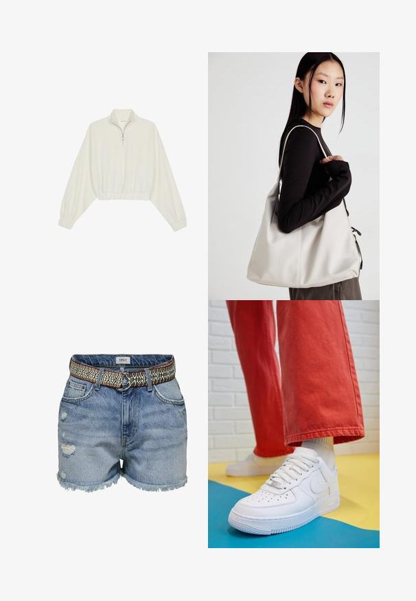 Kreemfarbenest lühikese varrukaga kudum, millel on kõrge kaelus, pool tõmblukk, elastne allosa ja varrukad, sile tekstuur ja minimaalne disain.; ONLY Lühikesed teksad - medium blue denim; Valge nahast tennis, millel on perforeeritud varvas, tekstureeritud tallad ja valged shoelaces, kombineeritud laia punase pükste ja sinise ning kollase taustaga.; Bež käekott pehme materjali, millel on lõtv disain, õmblustega detailid ja kaks õlarihma. Sobib igapäevaseks kasutamiseks.