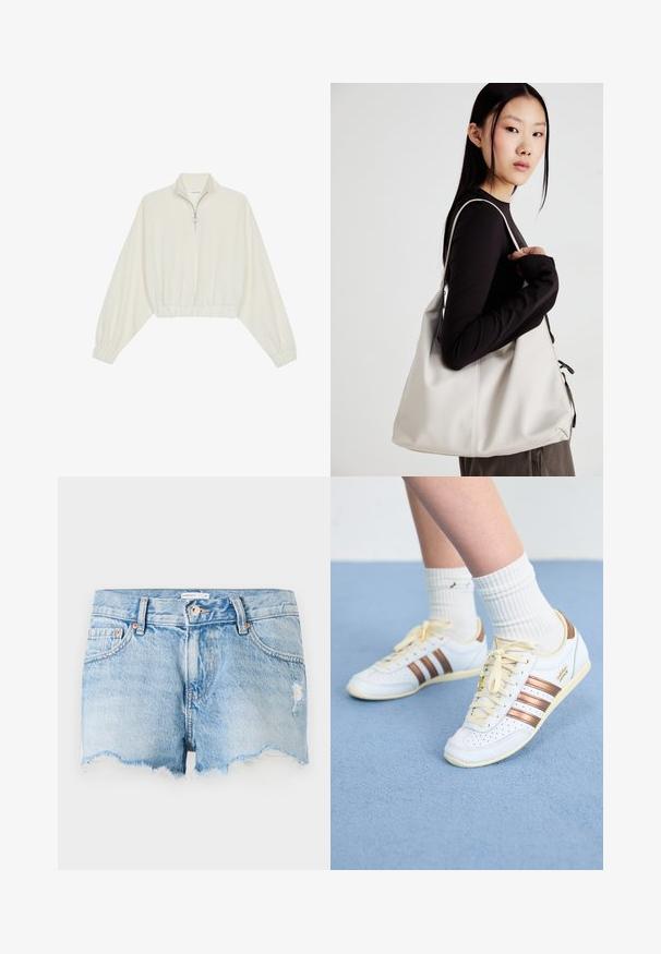 Kreptais pusītes džemperis krēmkrāsā, ar augstu apkakli, puszipa aizdari, elastīgu apakšmalu un aprocēm, ar gludu tekstūru un minimālistisku dizainu.; Gaiši zili denima šorti ar saplēstu mali, piecu kabatu dizainu un nelielu nodilumu priekšpusē. Metāla pogas aizdare.; Baltas sneakers ar bronzas svītrām, struktūrētu ādu, dzeltenām šņorēm un perforētiem detaļām. Valkāti ar baltām ribotām zeķēm uz mīksta zila virsmas.; Bežs rokassoma, izgatavota no mīksta materiāla, ar brīvu dizainu, izšūtu apdari un divām plecu siksnām. Piemērota ikdienas lietošanai.