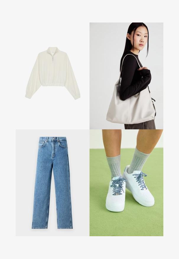 Cropped pullover in cream fabric, featuring a high collar, half-zip closure, elasticated hem and cuffs, with a smooth texture and minimal design.; Light blue straight-leg jeans made of denim, featuring a high waist, front button closure, and five-pocket design with visible stitching.; White leather sneakers with blue accents, perforated toe design, and textured blue-and-white laces, worn with gray ribbed socks.; Beige handbag made of soft material, featuring a slouchy design, stitched detailing, and two shoulder straps. Suitable for everyday use.