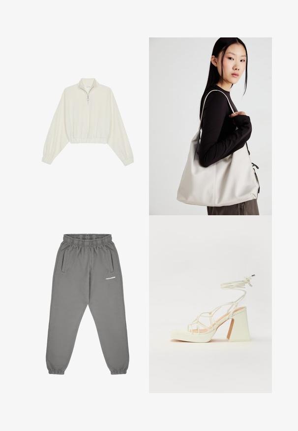 Kreminės spalvos trumpas megztinis, turintis aukštą apykaklę, pusiau užtrauktuką, elastinį apačią irRankovių kraštus, su lygiu paviršiumi ir minimalizuotu dizainu.; Pegador VILLA HIGH WAISTED - Treningo apatinė dalis - washed deep grey,white gum; Balti aukštakulniai sandalai su masyviu kulnu, su dirželių dizainu ir kulkšnies raiščiu. Lygi tekstūra su platforma priekyje, suteikianti papildomą aukštį.; Bežinė rankinė, pagaminta iš minkštos medžiagos, turinti laisvą dizainą, siuvinėtas detalės ir dvi petnešos. Tinkama kasdieniam naudojimui.