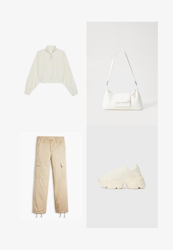 Zkrátený pulover z krémového materiálu, s vysokým golierom, polovičným zipsom, elastickým lemom a manžetami, s hladkou textúrou a minimalistickým dizajnom.; Bežové cargo nohavice s voľným strihom, viacerými prednými a bočnými vreckami, šnúrkami na manžetách a hladkou bavlnenou textúrou.; Masívne biele tenisky vyrobené z texturovanej sieťoviny a syntetických materiálov, s hrubou podošvou a zložitými vzorovými detailmi na bokoch.; Biela syntetická kabelka s trojuholníkovým tvarom, plochým predným klapkou a detailom mašle, nastaviteľným popruhom, hladkou textúrou a minimalistickým dizajnom.