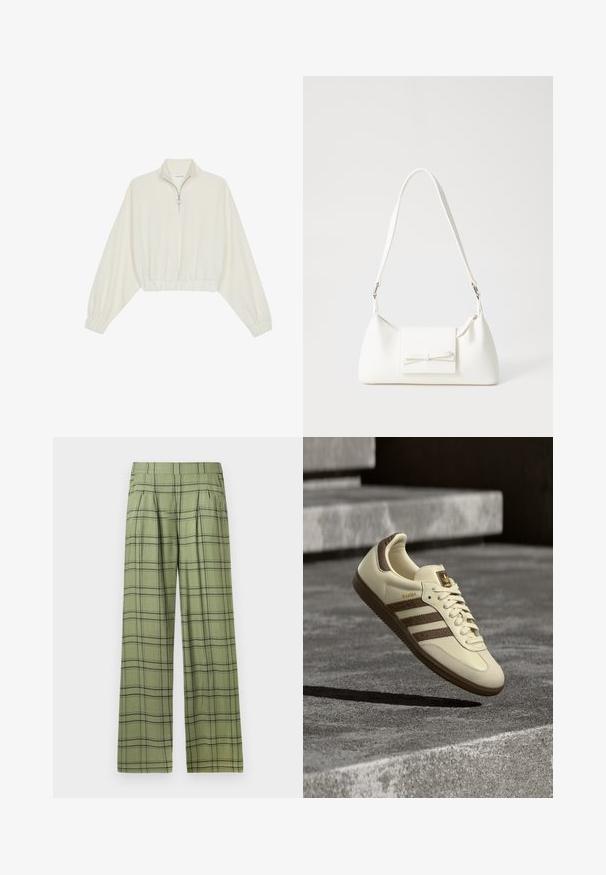 Krém színű, rövidített pulóver, magas gallérral, félig cipzáros záródással, elasztikus derék- és ujjakrésszel, sima textúrával és minimalista dizájnnal.; Zöld, bő szárú nadrág fekete kockás mintával, magas derékkal, elöl pliszével és oldalsó zsebekkel.; Krém színű sportcipő barna résszel, texturált oldalsávokkal és sima bőr felülettel. Fűzős kialakítású és gumi talpú.; Fehér szintetikus kézitáska, háromszög alakú, lapos előlap, masni részlettel, állítható pánttal, sima textúrával és minimalista dizájnnal.