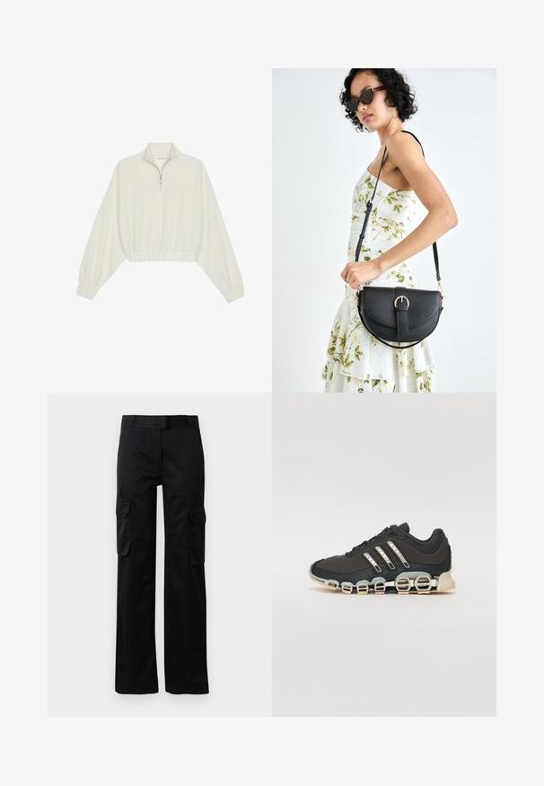 Geknipt pullover in crèmekleurige stof, met een hoge kraag, halve rits, elastische zoom en manchetten, met een soepele textuur en minimalistisch ontwerp.; Zwarte cargobroek van duurzaam materiaal, met twee zijzakken en een recht model. Soepele textuur met een klassieke pasvorm.; Zwarte sportschoen met een gestructureerde bovenkant, drie zilveren strepen en een kenmerkende dempingszool met meerdere geïntegreerde secties.; Zwarte leren handtas met een gebogen vorm, afneembare schouderband en gouden hardware. De tas heeft een klep met een gespsluiting.