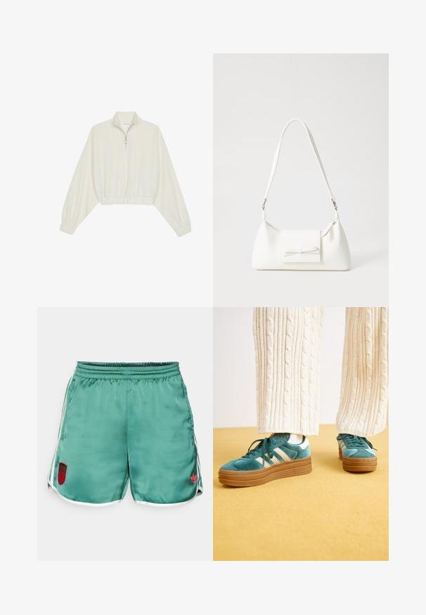 Kort genser i kremfarget stoff, med høy krage, halv glidelås, elastisk nederste kant og mansjetter, med en glatt tekstur og minimalistisk design.; Grønne satinsjorts med hvit kant, elastisk liv, og rød Italia-logo; har en jevn tekstur og sidestriper.; adidas Originals GAZELLE BOLD - Joggesko - mineral green/putty grey; Hvit syntetisk håndveske med trekantet form, flat klaff foran og sløyfe detaljer, justerbar stropp, glatt tekstur og minimalistisk design.