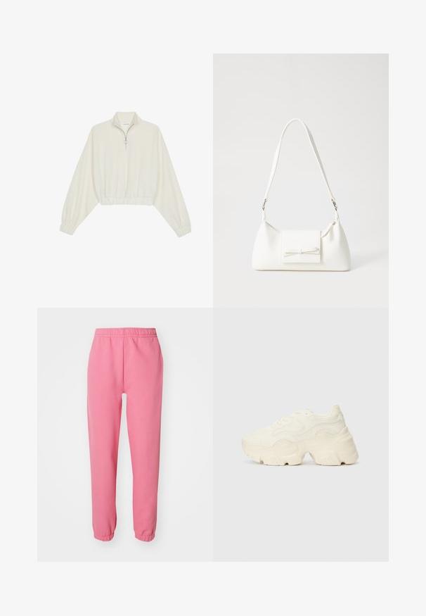 Pullover curto em tecido creme, apresentando um colarinho alto, fecho de meio zíper, bainha e punhos elásticos, com uma textura suave e design minimalista.; Calças de jogging rosa feitas de uma mistura de algodão suave, com uma cintura elástica e punhos ajustados nos tornozelos para um ajuste confortável.; Sapatilhas brancas chunky feitas de malha texturizada e materiais sintéticos, apresentando uma sola espessa e detalhes de padrão intrincados ao longo dos lados.; Mala sintética branca com formato triangular, aba frontal plana e detalhe de laço, alça ajustável, textura suave e design minimalista.