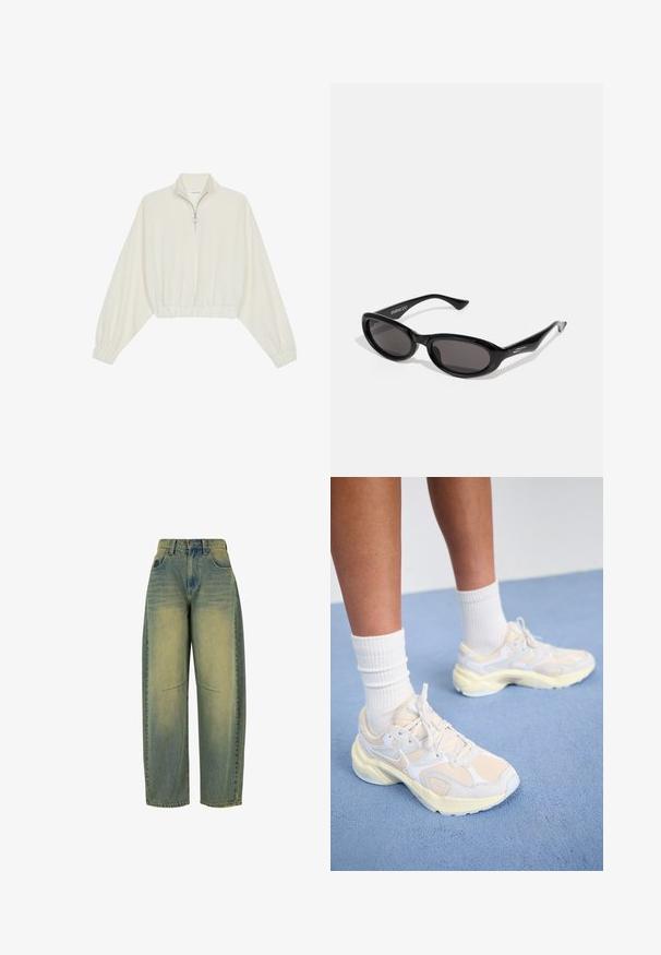 Kreminės spalvos trumpas megztinis, turintis aukštą apykaklę, pusiau užtrauktuką, elastinį apačią irRankovių kraštus, su lygiu paviršiumi ir minimalizuotu dizainu.; Šviesiai mėlyni plačių kojų džinsai su išblukusia tekstūra. Turi penkis kišenes ir aukštą liemenį. Tvarkingi kraštai ir subtilūs siuvinėjimo detalės.; Išvaizdūs sportiniai bateliai šviesiai geltonos ir baltos spalvų, pagaminti iš tinklinės ir sintetinių medžiagų, apvalios formos ir su tekstūruotais padais.; Juodos ovalios saulės akinės su tamsiais objektyvais. Rėmas yra elegantiškas, šiek tiek blizgus plastikas su kampuotais galiukais ir subtiliu prekės ženklu ant šventyklų.; Bežinė rankinė, pagaminta iš minkštos medžiagos, turinti laisvą dizainą, siuvinėtas detalės ir dvi petnešos. Tinkama kasdieniam naudojimui.