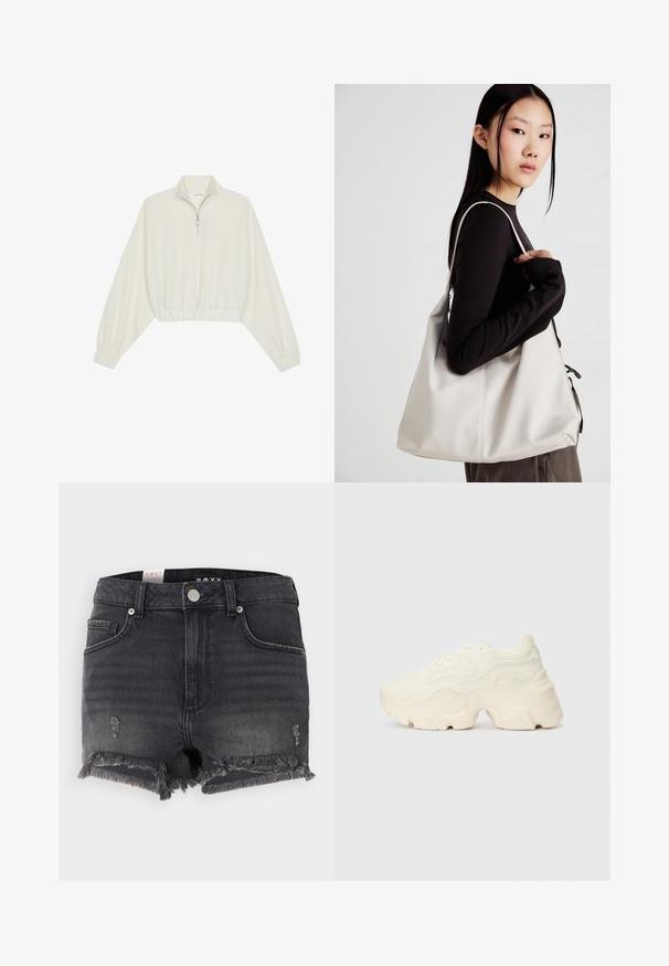 Zkrátený pulover z krémového materiálu, s vysokým golierom, polovičným zipsom, elastickým lemom a manžetami, s hladkou textúrou a minimalistickým dizajnom.; Čierne denimbové šortky s roztrhnutým lemovaním, poškodeným detailom a uzáverom na kovový gombík. Funkcie klasického dizajnu a štýlu s piatimi vreckami.; Masívne biele tenisky vyrobené z texturovanej sieťoviny a syntetických materiálov, s hrubou podošvou a zložitými vzorovými detailmi na bokoch.; Béžová kabelka vyrobená z mäkkého materiálu, s uvoľneným dizajnom, prišitými detailmi a dvoma popruhmi na nosenie na pleciach. Vhodná na každodenné nosenie.