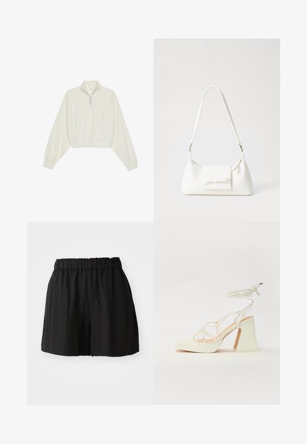Kort genser i kremfarget stoff, med høy krage, halv glidelås, elastisk nederste kant og mansjetter, med en glatt tekstur og minimalistisk design.; Sorte shorts med elastisk talje, som har en løs pasform, glat tekstur og knælang længde. Ingen synlige mønstre eller hardware.; Hvit høyhælte sandal med kraftig hæl, med en stroppe-design og ankelbånd. Glatt tekstur med plattform foran for ekstra høyde.; Hvit syntetisk håndveske med trekantet form, flat klaff foran og sløyfe detaljer, justerbar stropp, glatt tekstur og minimalistisk design.