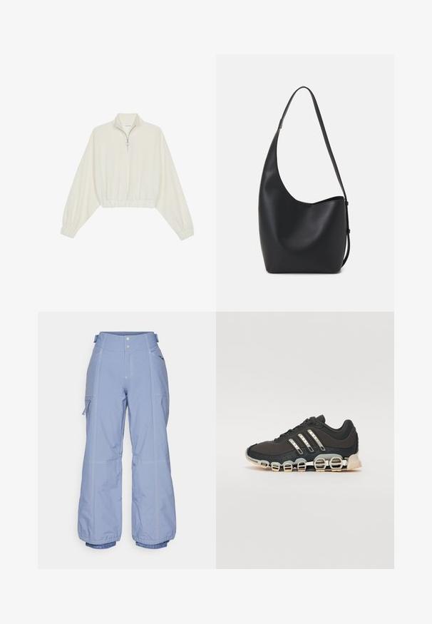 Cropped pullover in cream fabric, featuring a high collar, half-zip closure, elasticated hem and cuffs, with a smooth texture and minimal design.; Light blue snow pants made of durable material, featuring a high waist, two buttons, zippered side pockets, and elastic cuffs.; Black athletic shoe with a textured upper, three silver stripes, and a distinctive cushioning sole featuring multiple integrated sections.; Black leather hobo bag with a smooth texture, curved shape, and single adjustable strap; features a wide opening at the top.