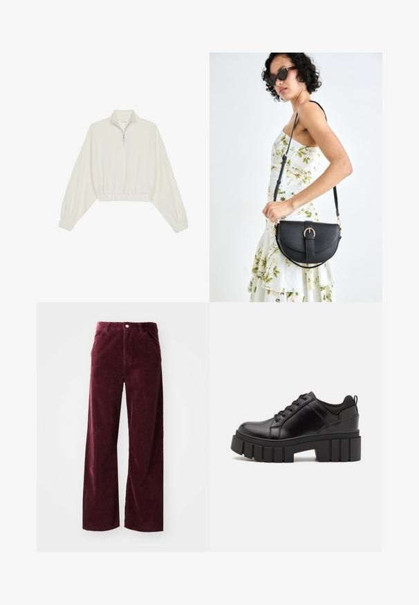 Avkortad tröja i krämfärgad tyg, med hög krage, halvdragkedja, elastisk nederkant och ärmar, med en slät yta och minimalistisk design.; Burgunderfärgade kordbyxor med vid bendesign, som har framfickor, knäppning med knappr och ribbad struktur i hela byxorna.; Svarta läderplattformsskor med en kraftig blockklack, rund tå och traditionell snörningsdesign. Har en slät textur och minimal detaljering.; Svart läderhandväska med en böjd form, avtagbar rem och guldiga detaljer. Väskan har ett lock med en spänndetalj.