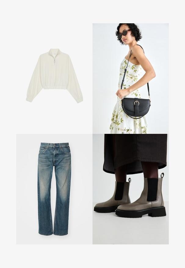 Kort genser i kremfarget stoff, med høy krage, halv glidelås, elastisk nederste kant og mansjetter, med en glatt tekstur og minimalistisk design.; Lyseblå denimjeans med rette ben, med en falmet tekstur, fem lommer og knappelukking i midjen.; Grå ankelstøvler laget av teksturert lær med elastiske sidepaneler og en kraftig svart såle. Har trekksløyfer for enkel påkledning.; Svart lærveske med en buet form, avtagbar stropp og gullbeslag. Vesken har et klaff med spenne-detall.