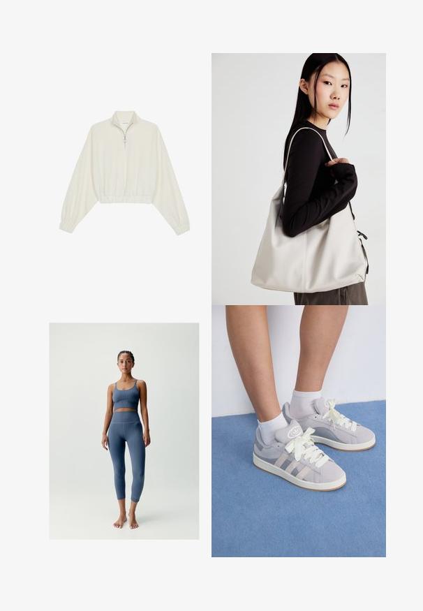 Zkrácený svetr z krémové látky, který má vysoký límec, poloviční zip, elastický spodní lem a manžety, hladkou texturu a minimalistický design.; Modrý žebrovaný krátký top a legíny s vysokým pasem z pružného materiálu, s jemnými švy a přiléhavým střihem.; Šedé semišové tenisky s bílými tkaničkami a gumovou podrážkou, s třemi šikmými pruhy po straně a logem na jazyku.; Beige kabelka vyrobená z měkkého materiálu, s volným designem, prošívanými detaily a dvěma ramenními popruhy. Vhodná pro každodenní použití.