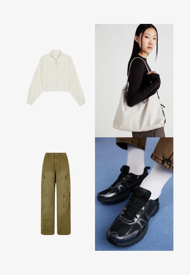 Cropped pullover in cream fabric, featuring a high collar, half-zip closure, elasticated hem and cuffs, with a smooth texture and minimal design.; Olive green cargo pants made of durable fabric; feature wide legs, multiple side pockets, and a front button closure.; Black Nike sports shoes feature a mesh upper with shiny accents, black laces, and a textured sole. Paired with white ribbed socks.; Beige handbag made of soft material, featuring a slouchy design, stitched detailing, and two shoulder straps. Suitable for everyday use.