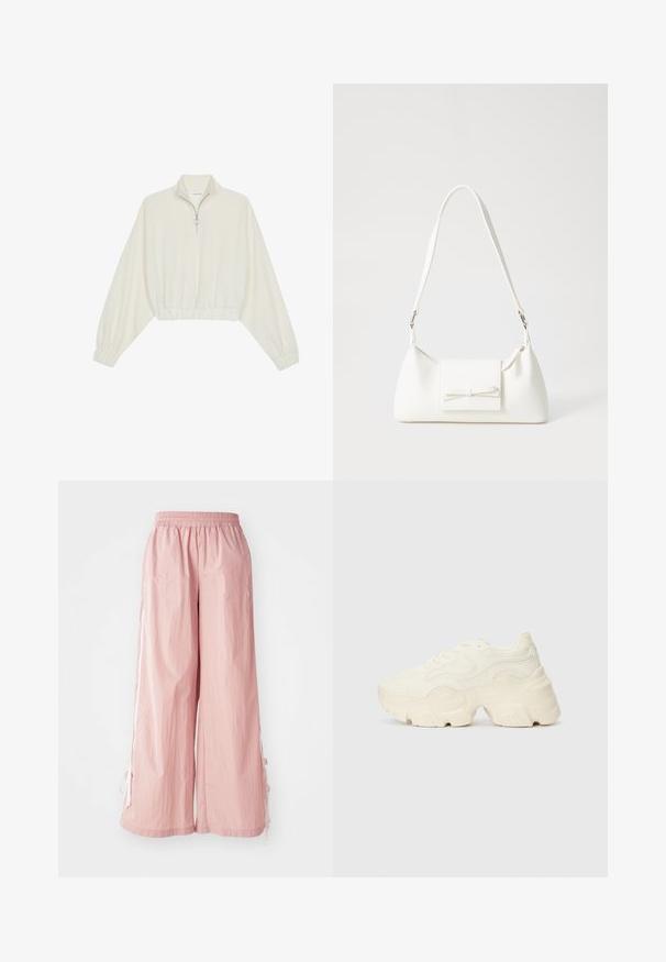 Gerippter Pullover aus cremefarbener Baumwolle mit hohem Kragen, halbem Reißverschluss, elastischen Säumen und Bündchen, glatter Textur und minimalistischem Design.; Helle rosa, weite Hose mit elastischem Bund und seitlichen Bändern. Hergestellt aus leichtem Material mit subtiler Textur und Branding-Details.; Flockige weiße Sneaker aus strukturiertem Mesh und synthetischen Materialien, mit einer dicken Sohle und komplizierten Mustern entlang der Seiten.; Weiße synthetische Handtasche in dreieckiger Form, flache Vorderklappe und Schleifendetail, verstellbarer Trageriemen, glatte Textur und minimalistisches Design.