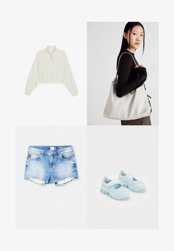 Krém színű, rövidített pulóver, magas gallérral, félig cipzáros záródással, elasztikus derék- és ujjakrésszel, sima textúrával és minimalista dizájnnal.; Világoskék farmer rövidnadrág, szakadt széllel, öt zsebes kialakítással és ezüst gomb részlettel a derékszíjon. Magas derékú fazon.; Világoskék sportcipők hálós anyagból, hangsúlyos kivágásokkal a talpban, és tépőzáras pánttal a tetején a biztos illeszkedés érdekében.; Puha anyagból készült bézs kézitáska, laza dizájnnal, varrott részletekkel és két vállpánttal. Mindennapi használatra alkalmas.