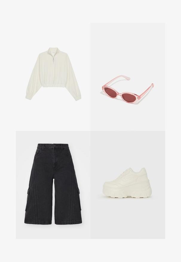 Κομμένο pullover από κρέμα ύφασμα, με ψηλό γιακά, μισό φερμουάρ, ελαστική μέση και μανίκια, με λεία υφή και μινιμαλιστικό σχέδιο.; adidas Originals CAPRI - Τζιν σορτς - black; Λευκά αθλητικά παπούτσια με πλατφόρμα, διαθέτουν λείο επάνω μέρος που μοιάζει με δέρμα, στρογγυλή σιλουέτα, επενδυμένο κολάρο και υφασμένο καουτσούκ σόλα με καθορισμένα μοτίβα.; Ροζ διαφανή γυαλιά ηλίου με ωοειδείς φακούς, σκούρο κόκκινο τόνισμα και κομψούς βραχίονες, με απαλή υφή και διακριτές λεπτομέρειες στο σκελετό.
