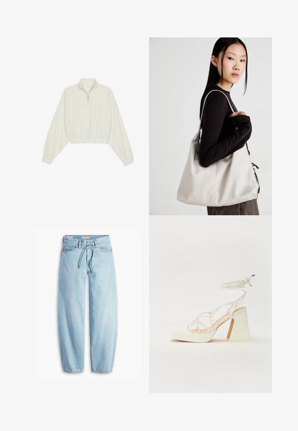 Kreemfarbenest lühikese varrukaga kudum, millel on kõrge kaelus, pool tõmblukk, elastne allosa ja varrukad, sile tekstuur ja minimaalne disain.; Levi's® XL BALLOON - Avar lõikega teksad - light-blue denim; Valged kõrge kontsaga sandaalid, millel on paks konts ja rihmadega disain koos pahkluu sidumisega. Sile tekstuur ja platvorm ees, et lisada kõrgust.; Bež käekott pehme materjali, millel on lõtv disain, õmblustega detailid ja kaks õlarihma. Sobib igapäevaseks kasutamiseks.