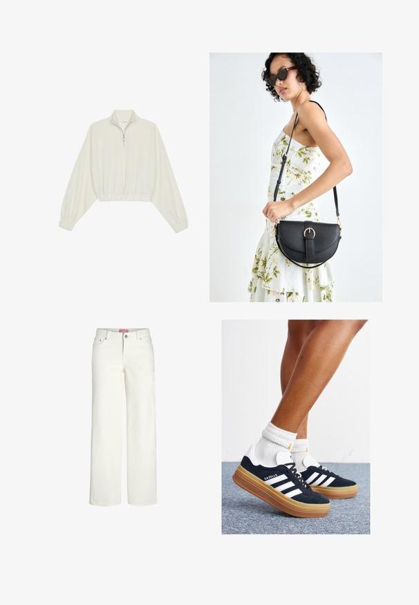 Kreemfarbenest lühikese varrukaga kudum, millel on kõrge kaelus, pool tõmblukk, elastne allosa ja varrukad, sile tekstuur ja minimaalne disain.; Valged laiad teksapüksid, mis on valmistatud siledast denimist. Omavad viit taskut, nööpkinni ja veidi kõrget vööd.; Mustad seemisnahast tossud valgete triipude ja detailidega, ümarate varbassosadega, kummist välistallaga, paaritatud valgete soonikuliste meessokkidega.; Mustmust mustraha kõverate joontega, eemaldatava rihmaga ja kuldsete detailidega. Kotil on klapp, millel on pandladetail.