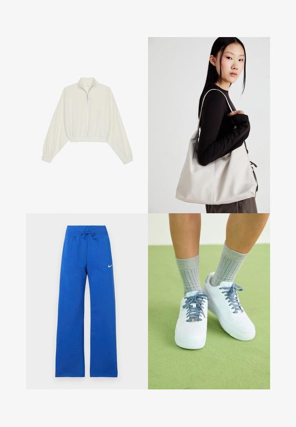Kratka pulover v kremnem blagu, z visokim ovratnikom, pol-zadrgo, elastičnim robom in manšetami, z gladko teksturo in minimalističnim oblikovanjem.; Modre trenirke s vrvico v pasu, širokimi nogami in majhnim belim logotipom Nike na levi strani. Narejene iz mehkega blaga.; Bela usnjena športna obutev z modrimi poudarki, perforiranim dizajnom na prstih in teksturiranimi modro-belimi vezalkami, obuta z sivimi rebrastimi nogavicami.; Bežna torbica iz mehkega materiala, z ohlapno zasnovo, šivi in dvema naramnicama. Primerna za vsakodnevno uporabo.