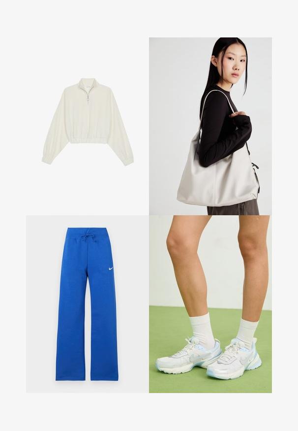 Pullover curto em tecido creme, apresentando um colarinho alto, fecho de meio zíper, bainha e punhos elásticos, com uma textura suave e design minimalista.; Calças de moletom azuis com um cós elástico ajustável, pernas largas e um pequeno logótipo da Nike em branco do lado esquerdo. Feitas de tecido suave.; Sapata desportiva branca e azul claro, com materiais em rede e sintéticos, apresentando acentuados texturizados, forma arredondada e sola acolchoada.; Uma bolsa bege feita de material macio, com um design descontraído, detalhes de costura e duas alças para o ombro. Adequada para uso diário.