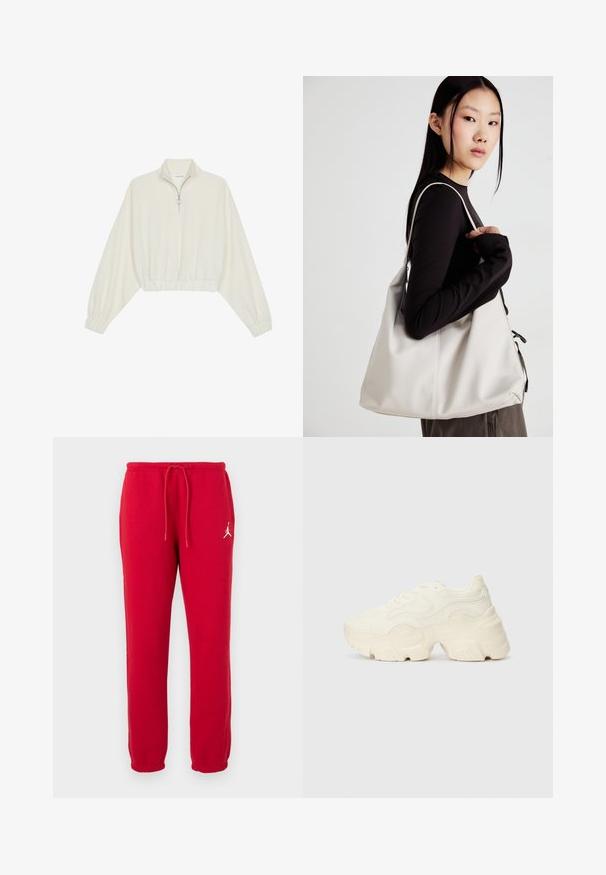 Geknipt pullover in crèmekleurige stof, met een hoge kraag, halve rits, elastische zoom en manchetten, met een soepele textuur en minimalistisch ontwerp.; Rode katoenen joggingsbroek met een trekkoord in de taille, elastische boorden en een wit logo op de linker bovenbeen. De stof is glad en het heeft een normale pasvorm.; Chunky witte sneakers gemaakt van geperforeerd mesh en synthetische materialen, met een dikke zool en ingewikkelde patroon details aan de zijkanten.; Beige handtas gemaakt van zacht materiaal, met een slonzig ontwerp, gestikte details en twee schouderbanden. Geschikt voor dagelijks gebruik.
