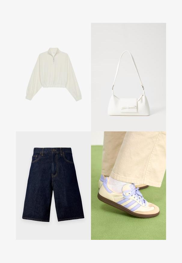 Skórzany pulower w kolorze kremowym, z wysokim kołnierzem, półzamkiem, elastycznym wykończeniem u dołu i mankietami, o gładkiej teksturze i minimalistycznym designie.; Granatowe szorty dżinsowe o prostym kroju, z klasycznym pięciokomorowym wzorem i kontrastującymi złotymi szwami.; Kremowe i lawendowe trampki z trzema paskami oraz teksturowaną brązową podeszwą, wyposażone w sznurówki i wyścieloną piętę. Górna część z miękkiego materiału.; Biała syntetyczna torba o trójkątnym kształcie, płaskim przednim klapce i detalach w postaci kokardy, regulowanym pasku, gładkiej fakturze oraz minimalistycznym designie.