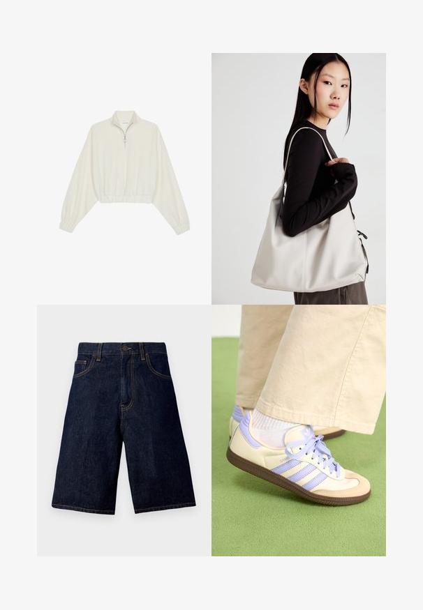 Gerippter Pullover aus cremefarbener Baumwolle mit hohem Kragen, halbem Reißverschluss, elastischen Säumen und Bündchen, glatter Textur und minimalistischem Design.; Dunkelblaue Denim-Shorts mit geradem Schnitt, klassischen Five-Pocket-Design und kontrastierendem goldenen Nähten.; Cremefarbene und lavendelfarbene Sneakers mit drei Streifen und einer strukturierten braunen Sohle, ausgestattet mit Schnürsenkeln und einer gepolsterten Ferse. Obermaterial aus weichem Stoff.; Beige Handtasche aus weichem Material, mit einem lässigen Design, gesteppten Details und zwei Schulterriemen. Geeignet für den täglichen Gebrauch.