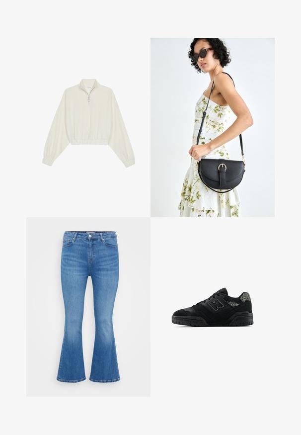 Cropped pullover in cream fabric, featuring a high collar, half-zip closure, elasticated hem and cuffs, with a smooth texture and minimal design.; Light blue denim flared jeans, featuring a high waist, five pockets, and a classic button closure. Smooth texture with subtle fading.; Black low-top sneaker with textured sole, lace-up design, suede panels, and patterned accents on heel and side logo.; Black leather handbag with a curved shape, detachable strap, and gold hardware. The bag features a flap with a buckle detail.