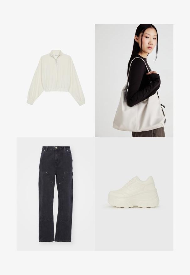 Kratka pulover v kremnem blagu, z visokim ovratnikom, pol-zadrgo, elastičnim robom in manšetami, z gladko teksturo in minimalističnim oblikovanjem.; Carhartt WIP NASHUA DOUBLE KNEE PANT - Široke kavbojke - black; Bele platformske tene z belim zgornjim delom, ki spominja na usnje, okroglo obliko, oblazinjen ovratnik ter gumo z teksturo na podplatu z izrazitimi profili.; Bežna torbica iz mehkega materiala, z ohlapno zasnovo, šivi in dvema naramnicama. Primerna za vsakodnevno uporabo.