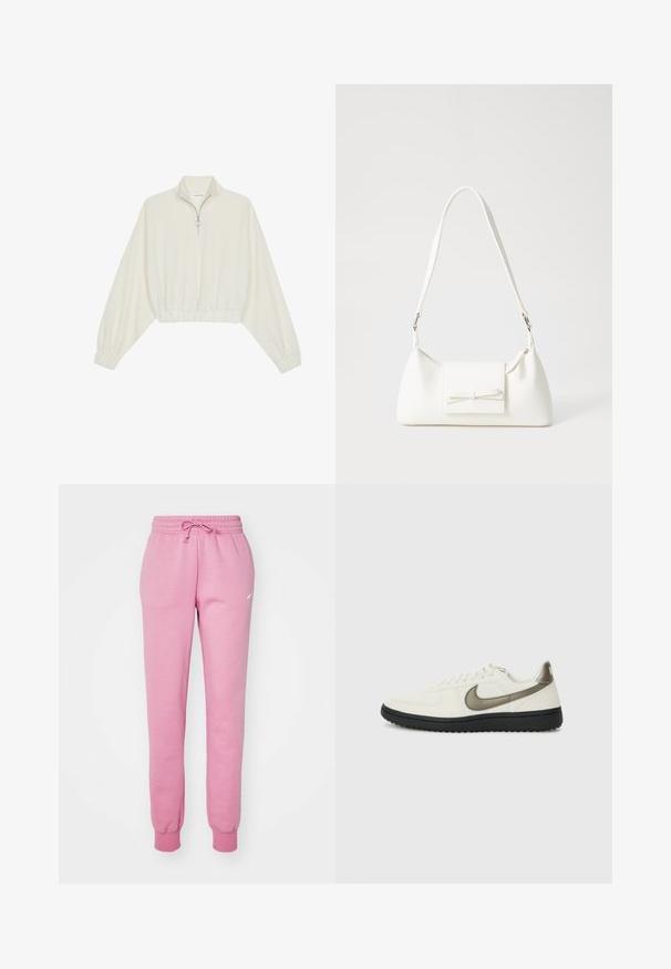 Gerippter Pullover aus cremefarbener Baumwolle mit hohem Kragen, halbem Reißverschluss, elastischen Säumen und Bündchen, glatter Textur und minimalistischem Design.; Rosa Jogginghose mit elastischem Bund, Kordelzug und gerippten Bündchen. Mit kleinem weißen Logo auf dem linken Oberschenkel.; Nike Sportswear FIELD GENERAL - Sneaker low - off-white/black; Weiße synthetische Handtasche in dreieckiger Form, flache Vorderklappe und Schleifendetail, verstellbarer Trageriemen, glatte Textur und minimalistisches Design.
