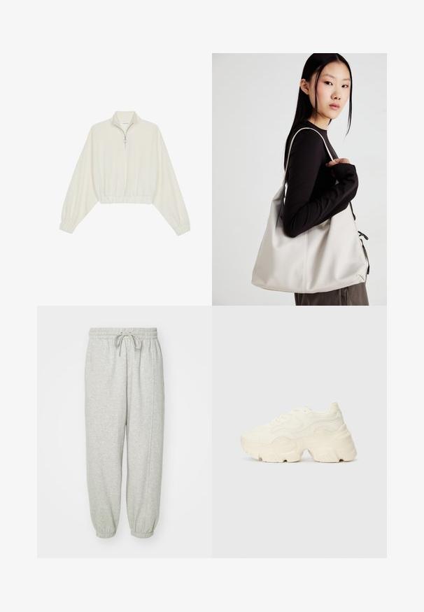 Kort genser i kremfarget stoff, med høy krage, halv glidelås, elastisk nederste kant og mansjetter, med en glatt tekstur og minimalistisk design.; GAP BAGGY - Joggebukse - light heather grey; Chunky hvite sneakers laget av teksturert mesh og syntetiske materialer, med en tykk såle og intrikate mønsterdetaljer langs sidene.; Beige håndveske laget av mykt materiale, med en slapp design, sydd detaljer og to skulderstropper. Passer for daglig bruk.