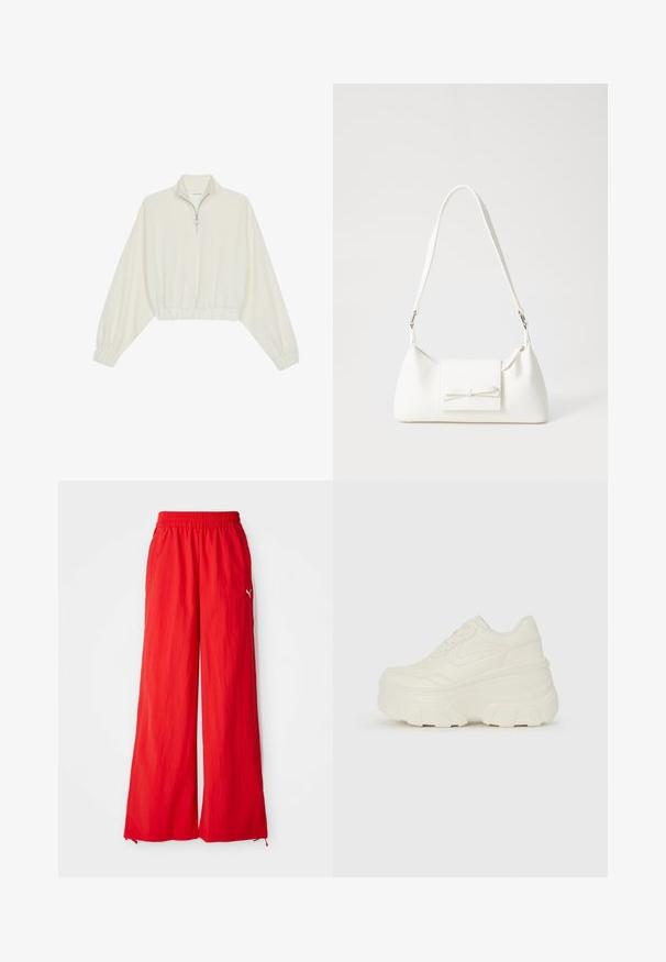 Cropped pullover in cream fabric, featuring a high collar, half-zip closure, elasticated hem and cuffs, with a smooth texture and minimal design.; Red wide-leg pants made from lightweight material, featuring an elastic waistband, side pockets, and a subtle logo detail on the side.; White platform sneakers featuring a smooth leather-like upper, rounded shape, padded collar, and textured rubber sole with defined treads.; White synthetic handbag with a triangular shape, flat front flap and bow detail, adjustable strap, smooth texture, and minimalistic design.