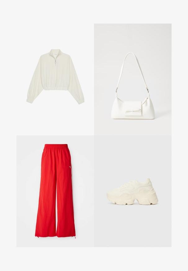 Kratka pulover v kremnem blagu, z visokim ovratnikom, pol-zadrgo, elastičnim robom in manšetami, z gladko teksturo in minimalističnim oblikovanjem.; Rdeče široke hlače iz lahkotnega materiala, z elastičnim pasom, stranskimi žepi in diskretno oznako na strani.; Debele bele športne copate, izdelane iz teksturirane mrežaste in sintetične materialov, z debelim podplatom in zapletenimi vzorčičnimi detajli ob straneh.; Bela sintetična torbica v obliki trikotnika, z ravnim sprednjim poklopcem in detajlom mašne, nastavljivim trakom, gladko teksturo in minimalističnim dizajnom.