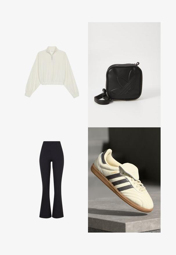 Skraćeni pulover od kremastog materijala, s visokim ovratnikom, zatvaranjem na polovicu munje, elastičnim rubom i manžetama, s glatkom teksturom i minimalnim dizajnom.; Crne, visoke, raskošne hlače izrađene od rastezljive tkanine. Imaju glatku teksturu i uski kroj oko bokova.; Kremaste kožne tenisice s tri tamne pruge, smešnim gumiranim potplatom i zaobljenim vrhom. Imaju preklopni jezik označen s "SAMBA."; Crna kvadratna torbica preko tijela napravljena od teksturiranog sintetičkog materijala. Ima urezani dizajn logotipa i podesivu traku. Zatvaranje na patentni zatvarač.