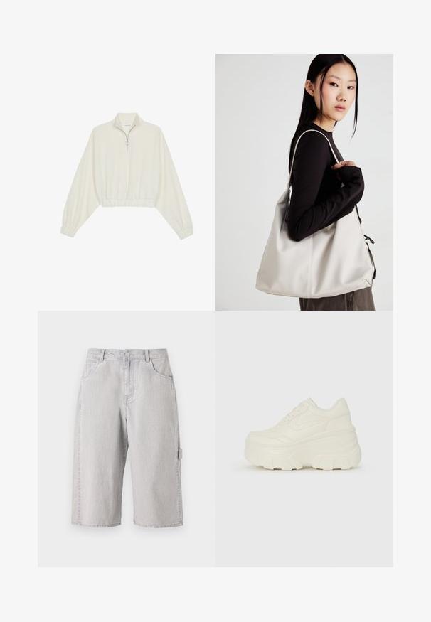 Krém színű, rövidített pulóver, magas gallérral, félig cipzáros záródással, elasztikus derék- és ujjakrésszel, sima textúrával és minimalista dizájnnal.; Világosszürke farmer rövidnadrág laza szabással, öt zsebes kialakítással és oldalsó cargo zsebbel. Texturált anyag finom fakulttással.; Fehér platform sportcipők, sima bőrszerű felsőrésszel, kerek formával, párnázott bokával és texturált gumitalppal, jól definiált mintázattal.; Puha anyagból készült bézs kézitáska, laza dizájnnal, varrott részletekkel és két vállpánttal. Mindennapi használatra alkalmas.