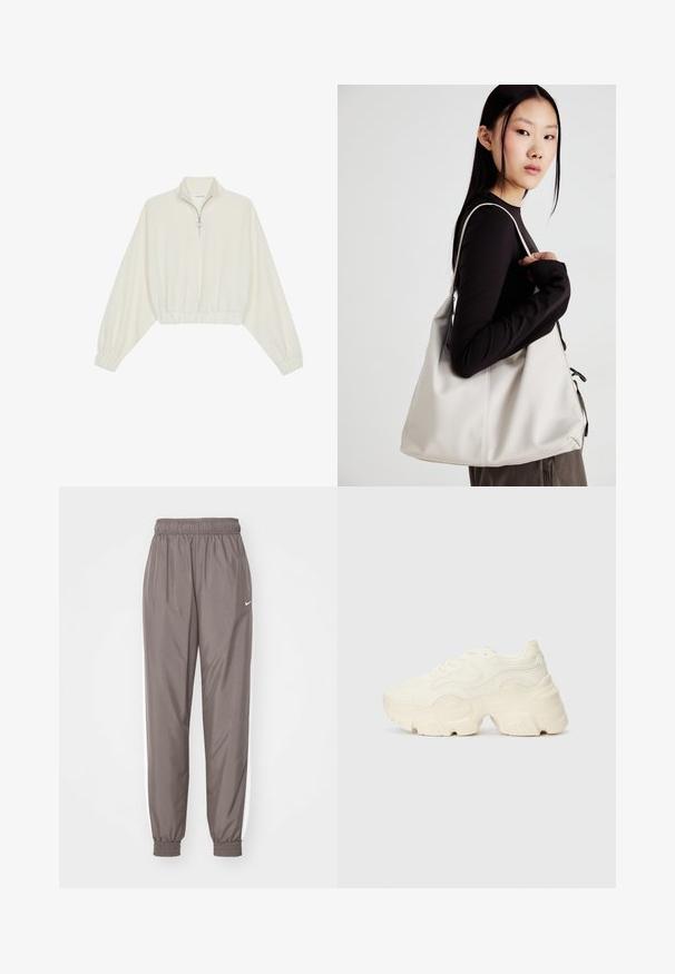 Pullover curto em tecido creme, apresentando um colarinho alto, fecho de meio zíper, bainha e punhos elásticos, com uma textura suave e design minimalista.; Calças de treino cinzentas com cintura elástica, punhos e riscas laterais brancas. Feitas de um material liso e leve. Logotipo da Nike na parte da frente.; Sapatilhas brancas chunky feitas de malha texturizada e materiais sintéticos, apresentando uma sola espessa e detalhes de padrão intrincados ao longo dos lados.; Uma bolsa bege feita de material macio, com um design descontraído, detalhes de costura e duas alças para o ombro. Adequada para uso diário.