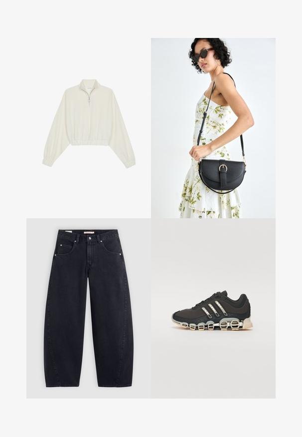 Geknipt pullover in crèmekleurige stof, met een hoge kraag, halve rits, elastische zoom en manchetten, met een soepele textuur en minimalistisch ontwerp.; Zwarte denim wijde pijpen jeans met een hoge taille, twee frontzakken en zilveren hardware. Gladde textuur, minimale stiksels en rechte snit.; Zwarte sportschoen met een gestructureerde bovenkant, drie zilveren strepen en een kenmerkende dempingszool met meerdere geïntegreerde secties.; Zwarte leren handtas met een gebogen vorm, afneembare schouderband en gouden hardware. De tas heeft een klep met een gespsluiting.