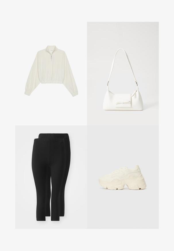 Geknipt pullover in crèmekleurige stof, met een hoge kraag, halve rits, elastische zoom en manchetten, met een soepele textuur en minimalistisch ontwerp.; Zwarte leggings met een elastische tailleband, met een gladde textuur, van een lengte tot halverwege de kuit, en zonder zichtbare patronen of versieringen.; Chunky witte sneakers gemaakt van geperforeerd mesh en synthetische materialen, met een dikke zool en ingewikkelde patroon details aan de zijkanten.; Witte synthetische handtas met een driehoekige vorm, platte voorklep en strikdetail, verstelbare schouderriem, gladde textuur en minimalistisch ontwerp.