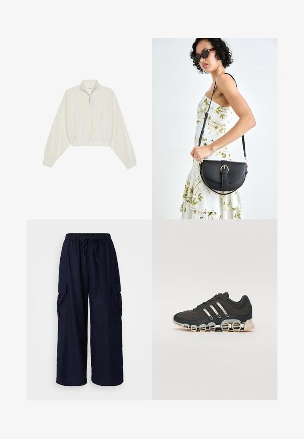 Gerippter Pullover aus cremefarbener Baumwolle mit hohem Kragen, halbem Reißverschluss, elastischen Säumen und Bündchen, glatter Textur und minimalistischem Design.; Marineblaue Cargo-Hosen mit entspannter Passform, elastischem Bund mit Kordelzug und zwei Seitentaschen. Hergestellt aus leichtem Stoff.; Schwarzer Sportschuh mit einer strukturierten Oberseite, drei silbernen Streifen und einer markanten Dämpfungssohle mit mehreren integrierten Sektionen.; Schwarze Lederhandtasche mit geschwungener Form, abnehmbarem Tragegurt und goldenen Beschlägen. Die Tasche verfügt über einen Deckel mit einer Schnallen-Details.