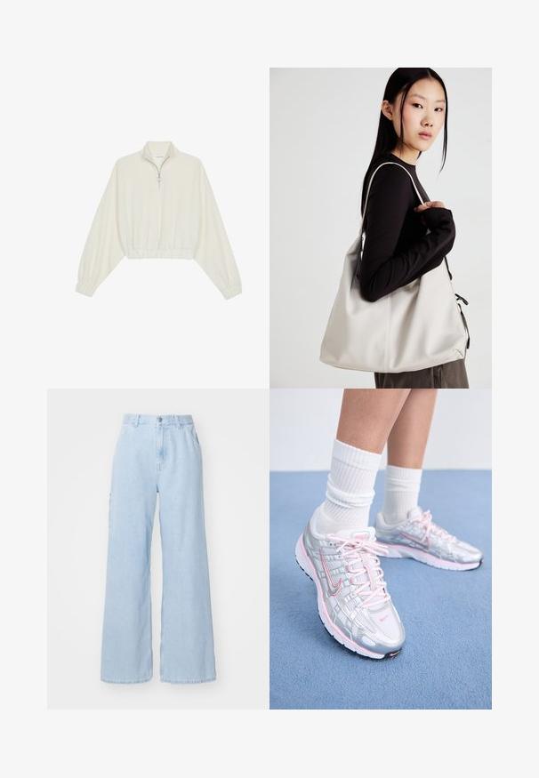 Kreemfarbenest lühikese varrukaga kudum, millel on kõrge kaelus, pool tõmblukk, elastne allosa ja varrukad, sile tekstuur ja minimaalne disain.; Heledad sinine laiemate sääretega teksad, mis on valmistatud denimist, ees on taskud, vöörihmade jaoks augud ja nööpkattega. Lame tekstuur ja puhas viimistlus.; Nike jooksujalad, millel on hõbedane võrgupealne koos roosade detailidega, valged paelad ja tekstureeritud tald. Kandmine valgete puuvillaste spordisokkidega.; Bež käekott pehme materjali, millel on lõtv disain, õmblustega detailid ja kaks õlarihma. Sobib igapäevaseks kasutamiseks.