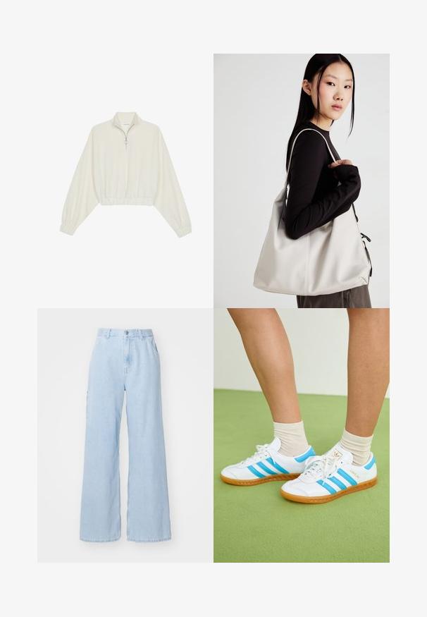 Kreemfarbenest lühikese varrukaga kudum, millel on kõrge kaelus, pool tõmblukk, elastne allosa ja varrukad, sile tekstuur ja minimaalne disain.; Heledad sinine laiemate sääretega teksad, mis on valmistatud denimist, ees on taskud, vöörihmade jaoks augud ja nööpkattega. Lame tekstuur ja puhas viimistlus.; Valged tossud helesiniste triipudega, kummist tald ja nööpide disain. Omab kuldset brändimist ja siledat nahataolist tekstuuri.; Bež käekott pehme materjali, millel on lõtv disain, õmblustega detailid ja kaks õlarihma. Sobib igapäevaseks kasutamiseks.