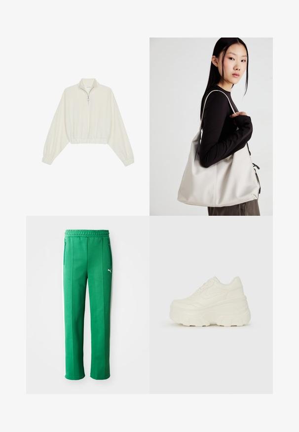 Kort striktrøje i cremefarvet stof med høj krave, halvlynlås, elastisk kant og manchetter, glat tekstur og minimalistisk design.; Grønne atletiske bukser med en tekstureret finish, elastisk talje, sidelommer og hvide sidelister. Brøndens logo synligt foran.; Hvide platform sneakers med en glat læderlignende overdel, rund form, polstret krave og struktureret gummisål med definerede riller.; Beige håndtaske lavet af blødt materiale med et slouchy design, stikninger og to skulderremme. Velegnet til daglig brug.