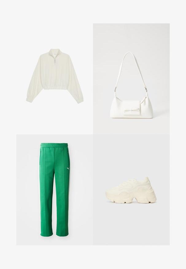 Kreptais pusītes džemperis krēmkrāsā, ar augstu apkakli, puszipa aizdari, elastīgu apakšmalu un aprocēm, ar gludu tekstūru un minimālistisku dizainu.; Zaļi sporta bikses ar tekstūru, elastīga josta, sānu kabatas un baltas sānu svītras. Zīmola logo redzams priekšpusē.; Masīvi balti sportisti, kas izgatavoti no strukturēta sieta un sintētiskajiem materiāliem, ar biezu zoli un sarežģītām rakstu detaļām gar sāniem.; Balta sintētiska soma ar trīsstūrveida formu, plakanu priekšējo vāciņu un loku detaļu, regulējamu siksnu, gludu tekstūru un minimālistisku dizainu.
